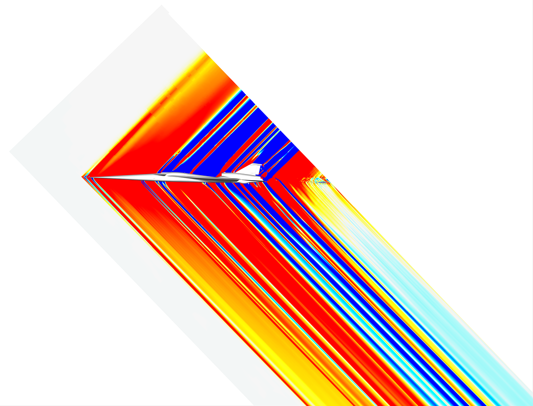 Parallel lines extending outward from the aircraft depict acoustic shockwaves the X-59 is predicted to create during supersonic flight that will result in a quieter sonic “thump”.