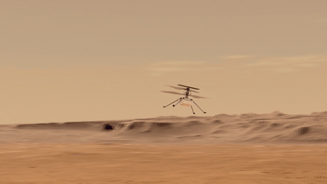 Illustration of NASA's Mars Ingenuity Helicopter flying on Mars.