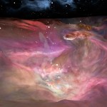 A 3 dimensional image of the Orion Nebula. It looks like clouds in various shades of pink.
