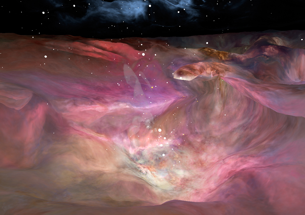 A 3 dimensional image of the Orion Nebula. It looks like clouds in various shades of pink.