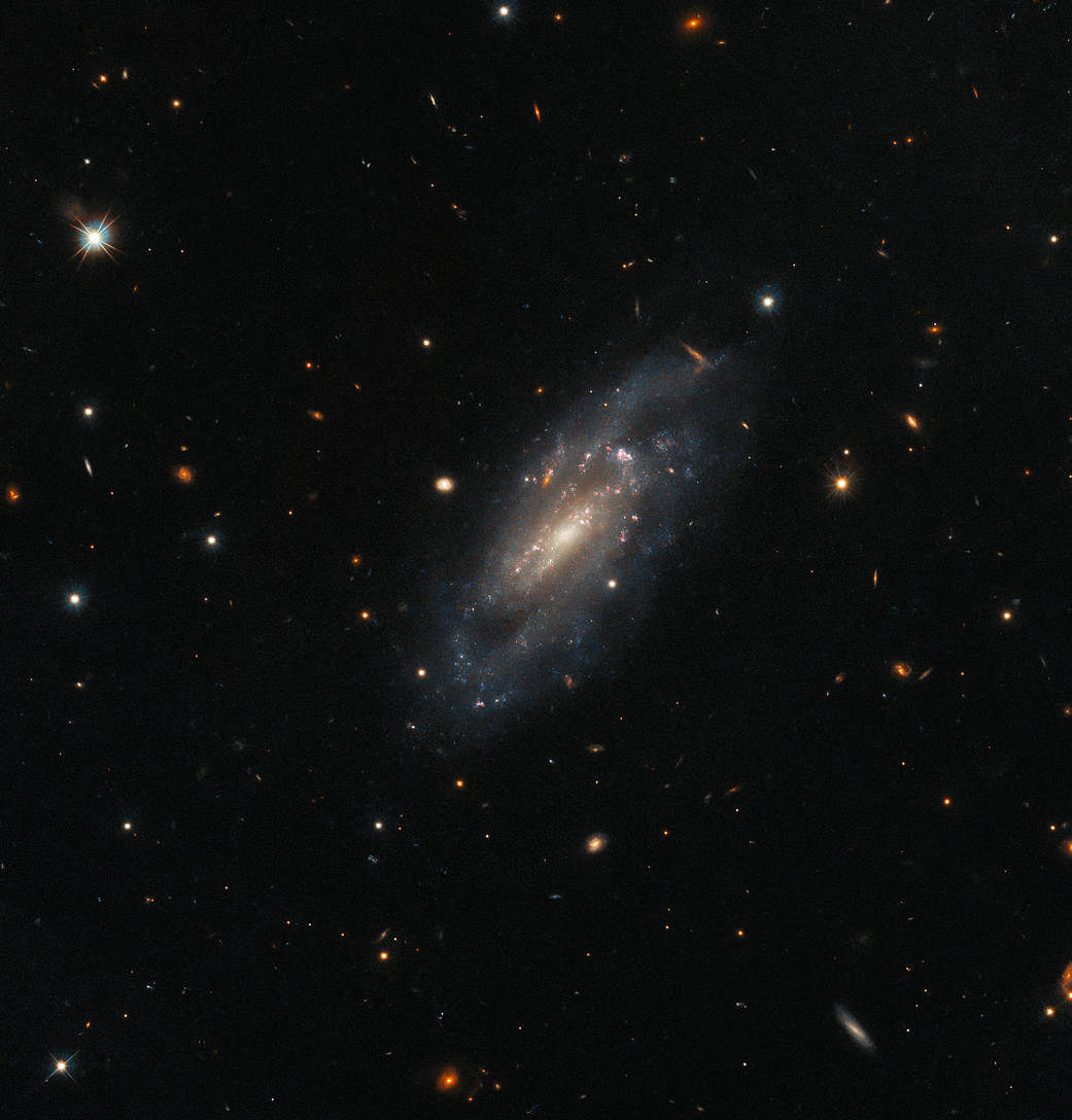 Spiral galaxy: fuzzy oval tilted diagonally, partially towards the viewer. Its center glows in warm colors, with 2 spiral arms around. The galaxy appears centrally in a field of small stars and galaxies on a dark background