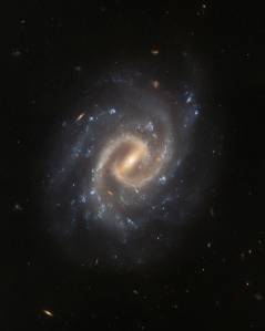 A spiral galaxy directly face-on: Two bright spiral arms extend from a bar, which shines from the center. Fainter arms branch off from these, studded with bright-blue patches of star formation. Small, distant galaxies dotted around on a dark background.