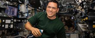 NASA astronaut and Expedition 68 Flight Engineer Frank Rubio is pictured inside the International Space Stations U.S. Destiny laboratory module.