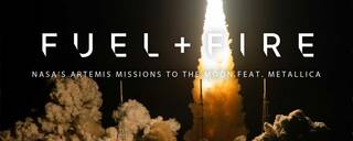 The Artemis I launch with Fuel and Fire text on the screen
