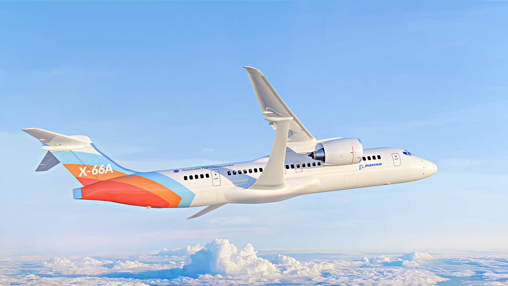 Artist rendering of the new Boeing X-66A image in flight above billowy white clouds.