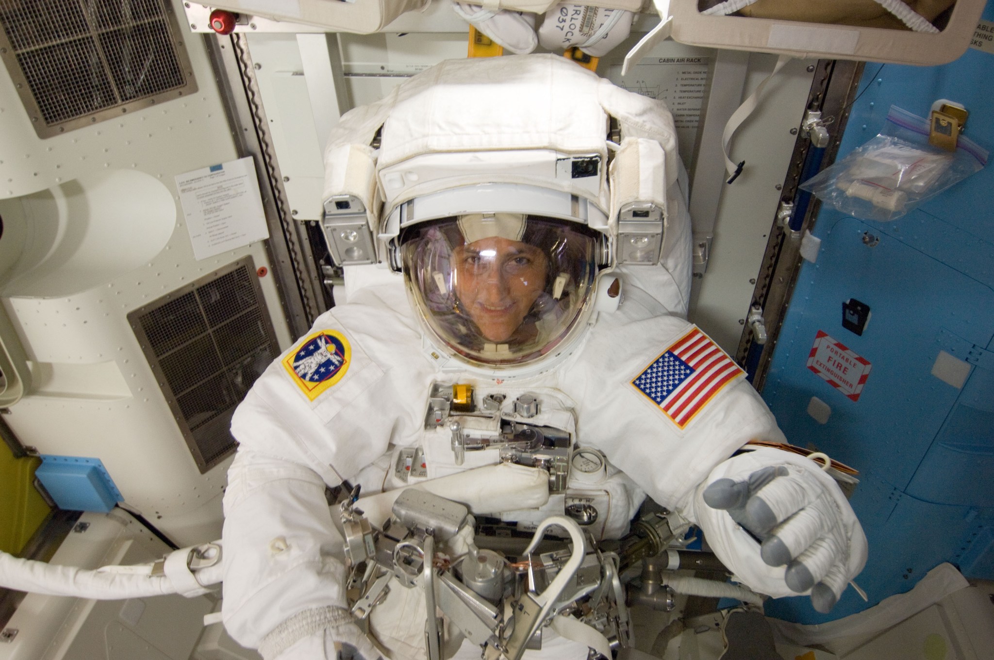 Astronaut Sunita Williams is pictured in the Quest airlock before beginning a spacewalk.