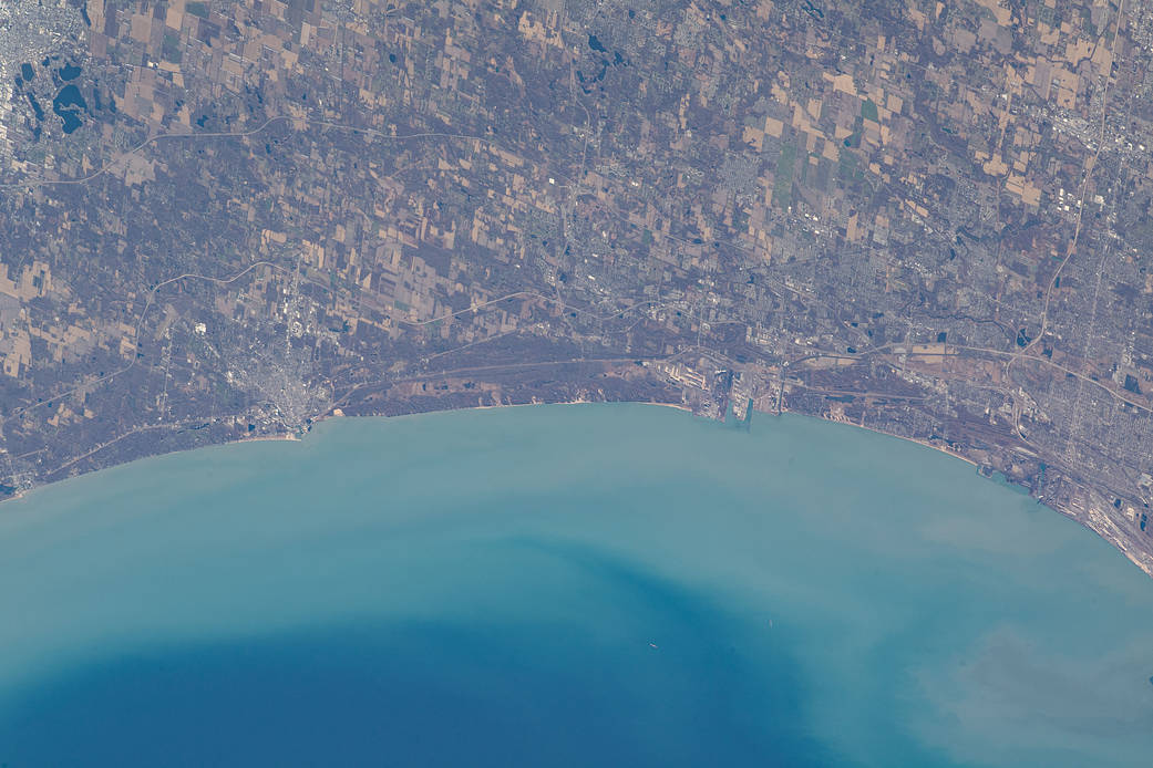 View from low Earth orbit of the southern shoreline of Lake Michigan above Indiana Dunes National Park