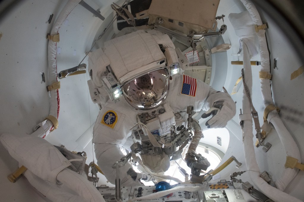NASA astronaut Shane Kimbrough is inside the Quest airlock during repressurization following a spacewalk on June 6, 2021. 