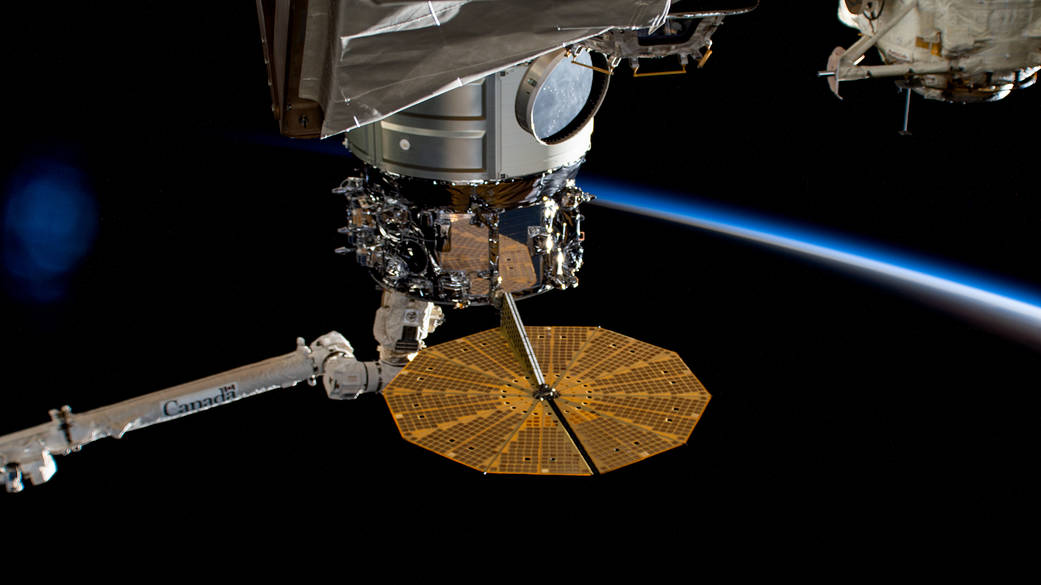 The Cygnus space freighter in the grip of the Canadarm2