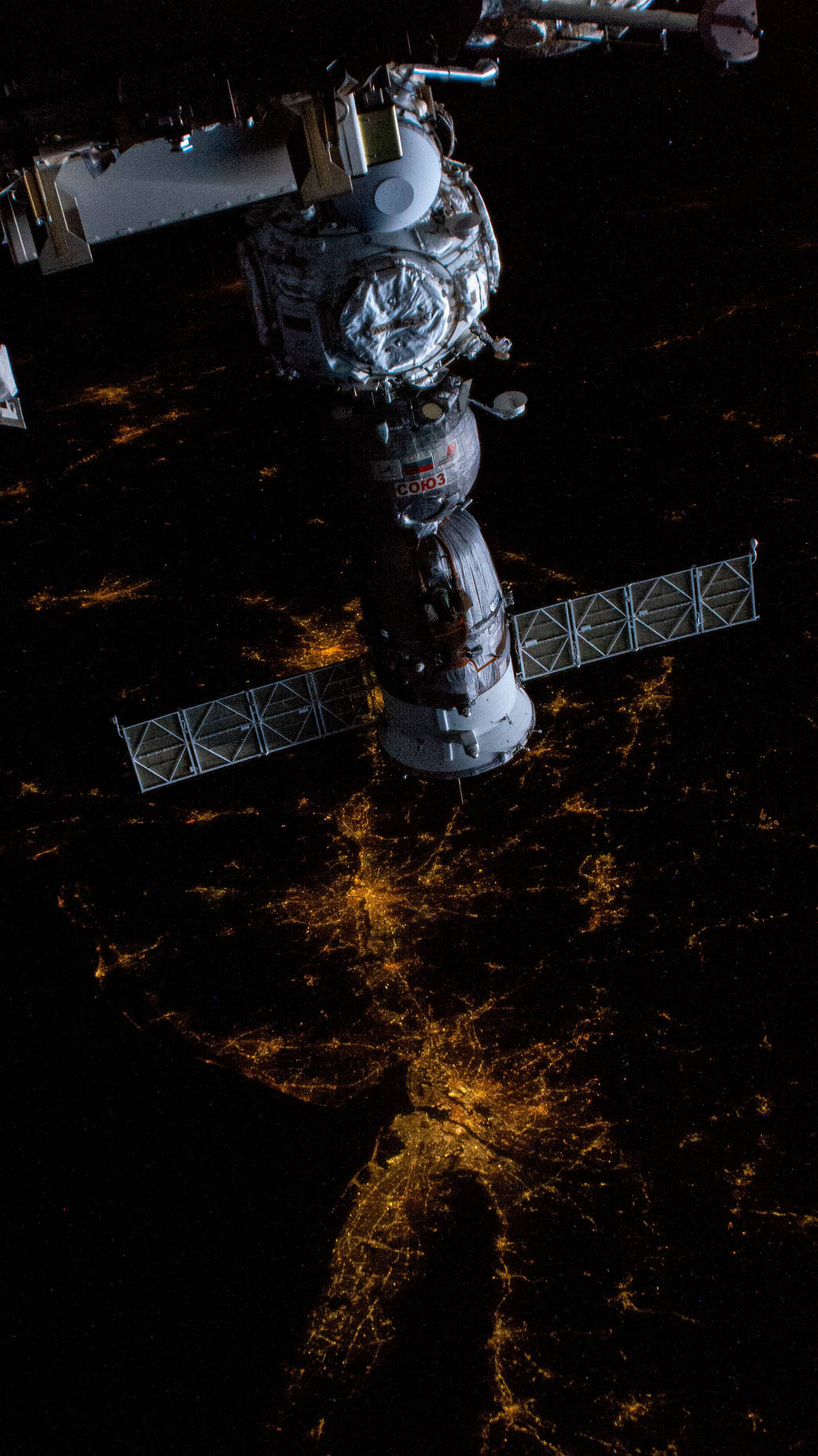 The space station orbits above the northeast coast of the United States