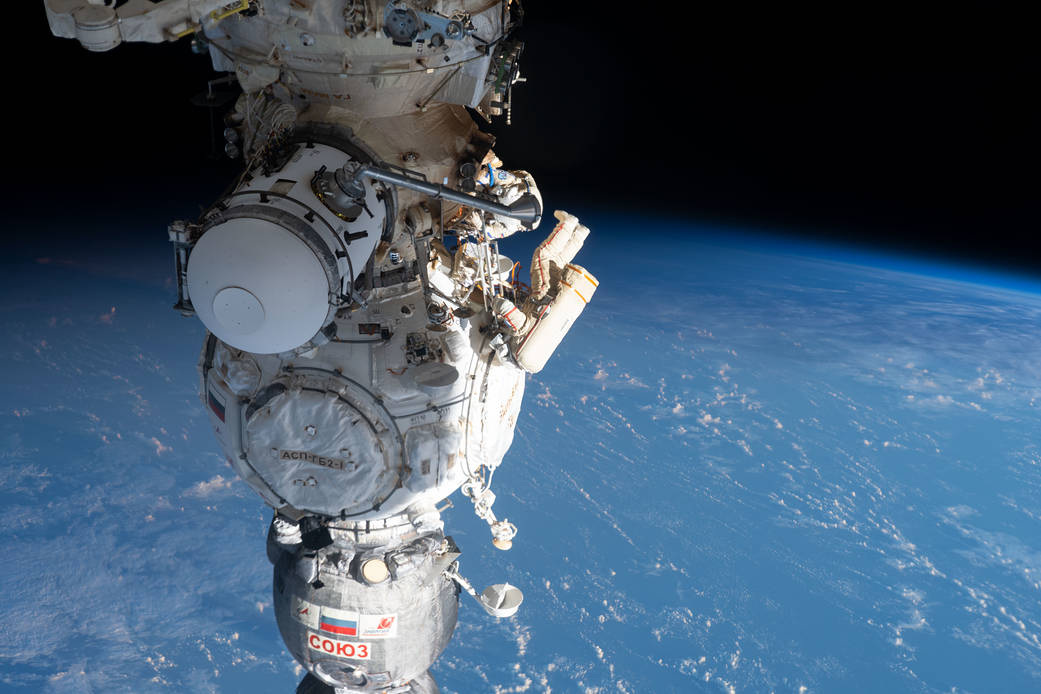 Spacewalkers Sergey Prokopyev and Dmitri Petelin