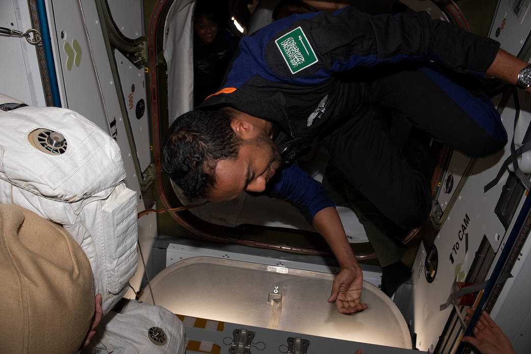 Ax-2 Mission Specialist Ali Alqarni enters the space station