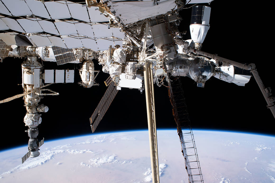View of the International Space Station during a spacewalk