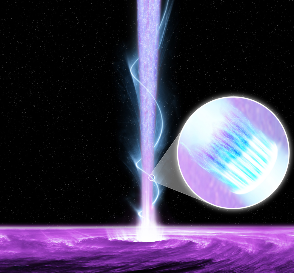 This NASA illustration shows the structure of a black hole jet as inferred by recent observations of the blazar Markarian 421 by the Imaging X-ray Polarimetry Explorer (IXPE).
