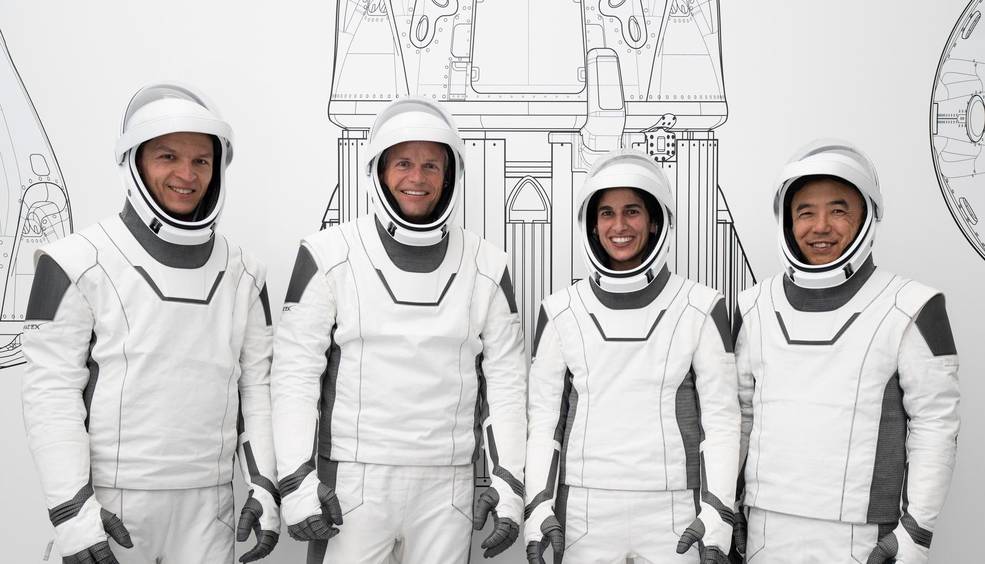 NASA's SpaceX Crew-7 crew poses for a photograph at SpaceX in Hawthorne, California.