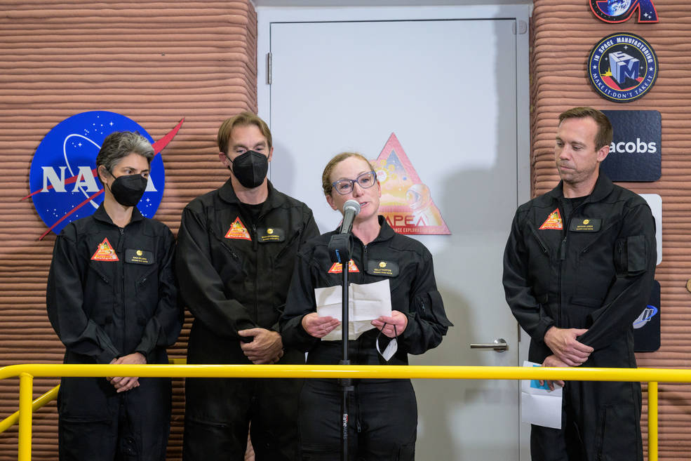 Kelly Haston, CHAPEA mission 1 commander, offers final remarks alongside her crewmates (from left to right: Anca Selariu, Ross Brockwell, Nathan Jones) before entering the habitat.
