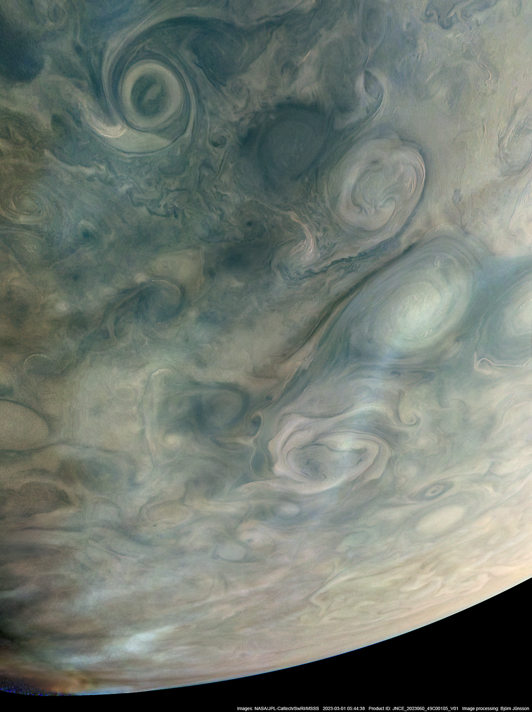 On Mar. 1, 2023, NASA's Juno mission completed its 49th close flyby of Jupiter. As the spacecraft flew low over the giant planet's cloud tops, its JunoCam instrument captured bands of high-altitude haze forming above cyclones in an area known at Jet N7.