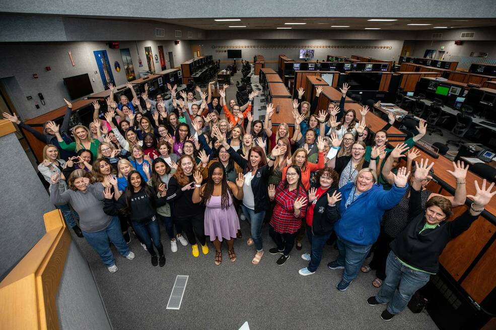 A photo of the women who comprise the Artemis launch team inside Firing Room 1 of the Launch Control Center at NASAs Kennedy Space Center in Florida on Feb. 10, 2023.