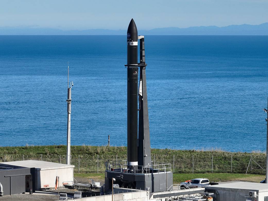 A Rocket Lab Electron rocket stands on Pad B, Launch Complex 1, in Māhia, New Zealand, just ahead of liftoff at 3:46 p.m. NZST Friday, May 26, with NASA’s TROPICS CubeSats secured in the payload fairing atop the rocket.