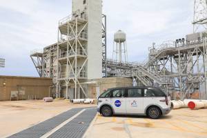 Three specially designed, fully electric, environmentally friendly crew transportation vehicles for Artemis missions arrived at NASA’s Kennedy Space Center in Florida on July 11, 2023. One of the zero-emission vehicles is shown here at Launch Pad 39B.