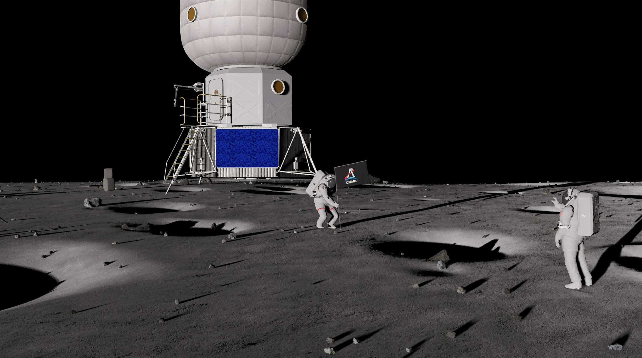 A computer simulation of two astronauts placing an Artemis flag on the moon