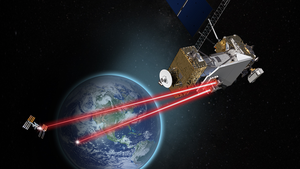 LCRD illustration of the laser communication with Earth in the background.