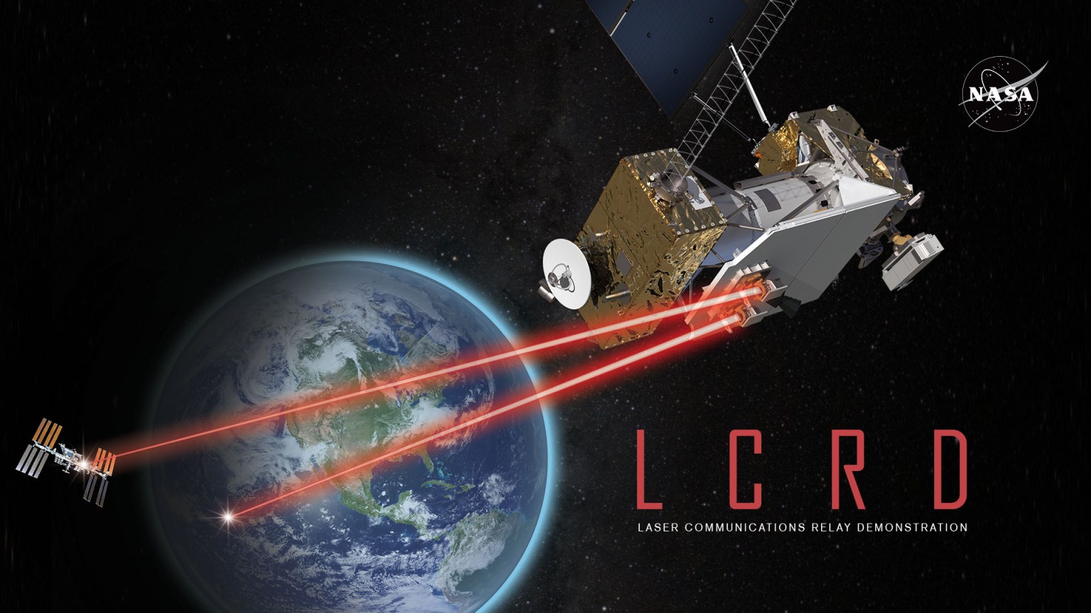 LCRD illustration of the laser communication with Earth in the background.