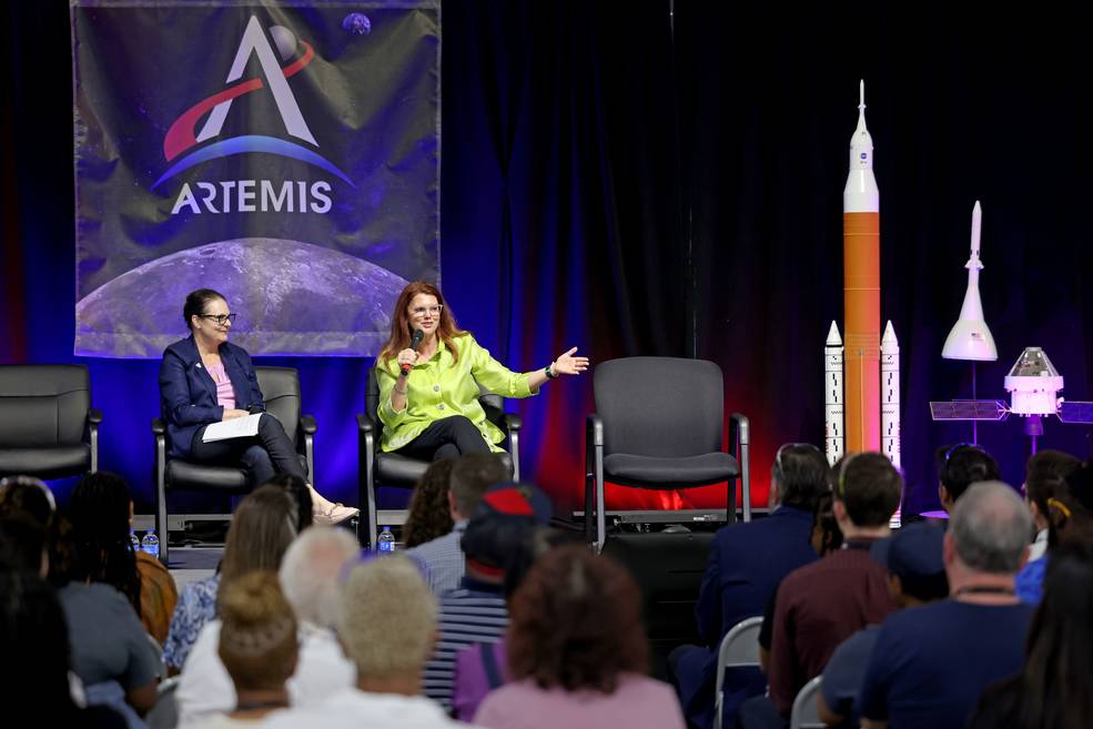 Artemis I Launch Director Charlie Blackwell-Thompson, right, speaks to the Boeing workforce at NASAs Michoud Assembly Facility during her June 30 visit.