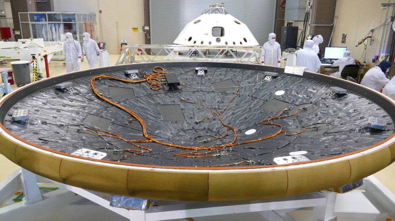 MEDLI2 sensors are installed on the Mars 2020 heat shield and back shell prior to launch