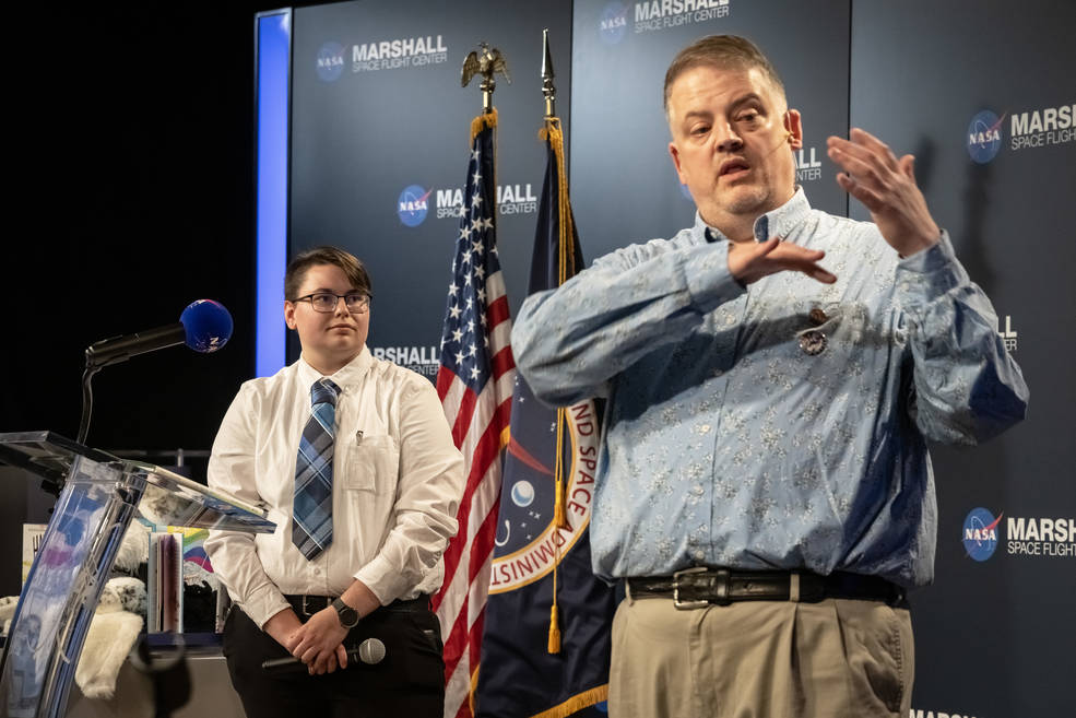 James Madge Miller, right, speaks with NASAs Marshall Space Flight Center team members during the question-and-answer portion of an LGBTQI+ Pride event hosted June 29 by Marshalls Out & Allied employee resource group.