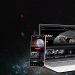 Screenshots of NASA+ are shown on a mobile phone and computer against a space-themed background