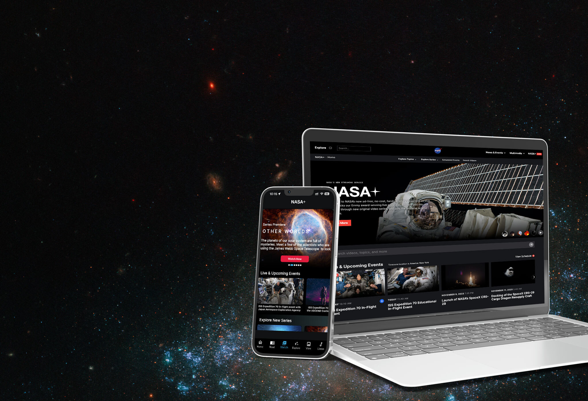 Screenshots of NASA+ are shown on a mobile phone and computer against a space-themed background