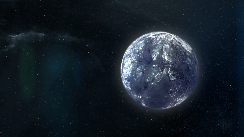 A dim, mostly dark blue planet with enormous patches of ice on a starry black background. The planet has large, dark, greenish features that could be continents.