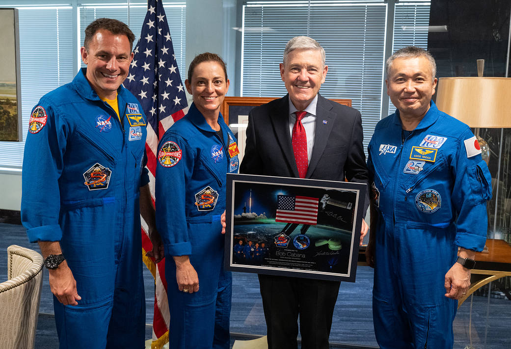 Crew-5 astronauts Josh Cassada, left, and Nicole Mann of NASA, second from left, and JAXA astronaut Koichi Wakata, right, pose for a picture with NASA Associate Administrator Bob Cabana, second from right, on June 5, 2023.