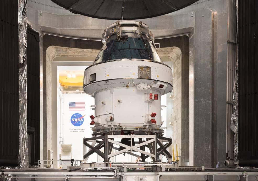 The Orion capsule is seen at the NASA Plum Brook Station test facility