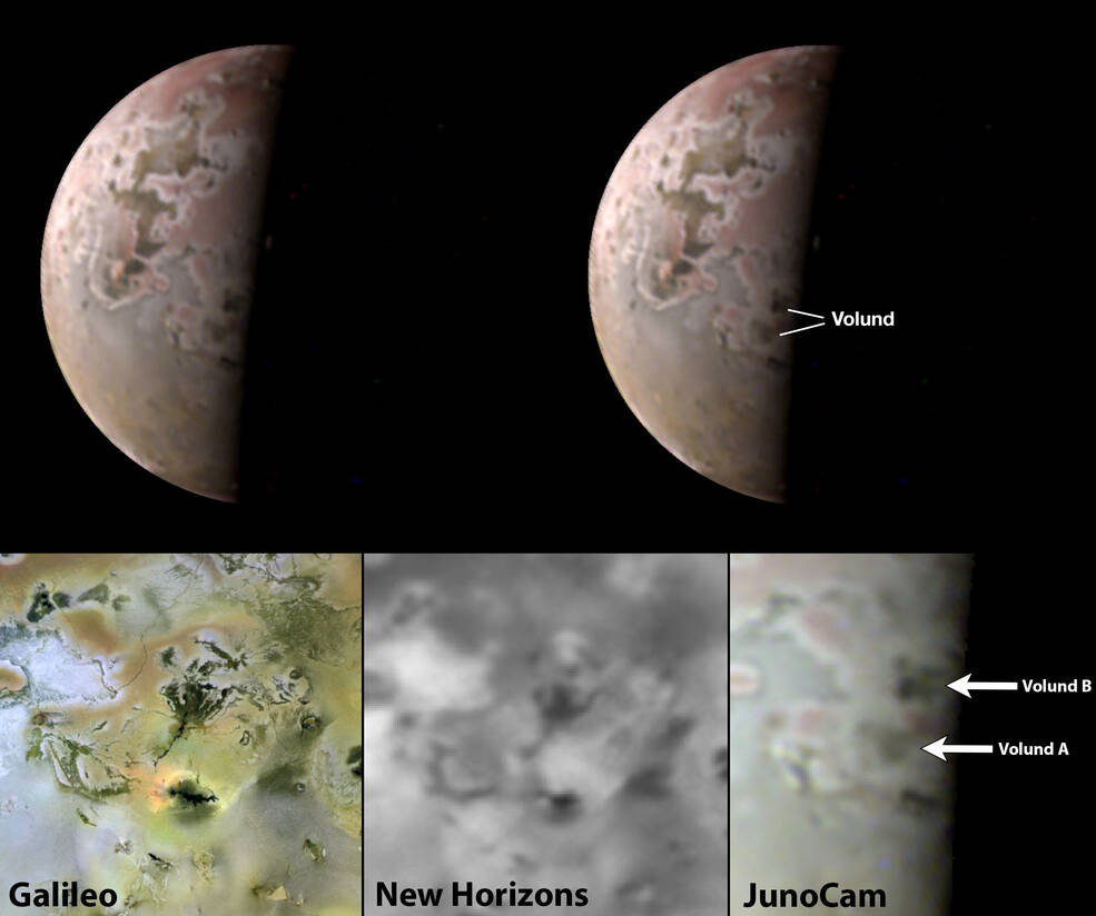 At top and bottom right, JunoCam images taken in May 2023 of Jupiters moon Io. Previous NASA spacecraft imaged the same region in 1996, bottom left, and 2007, bottom center.