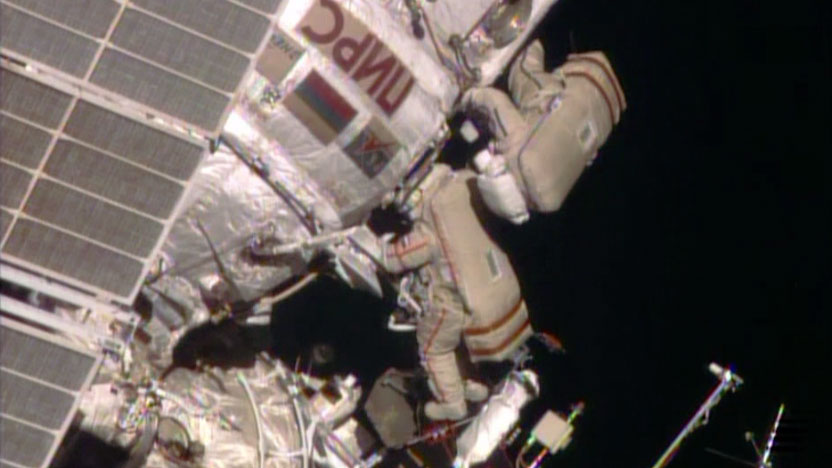 Russian spacewalkers Max Suraev and Alexander Samokutyaev work outside the Pirs docking compartment during an Oct. 22 spacewalk.
