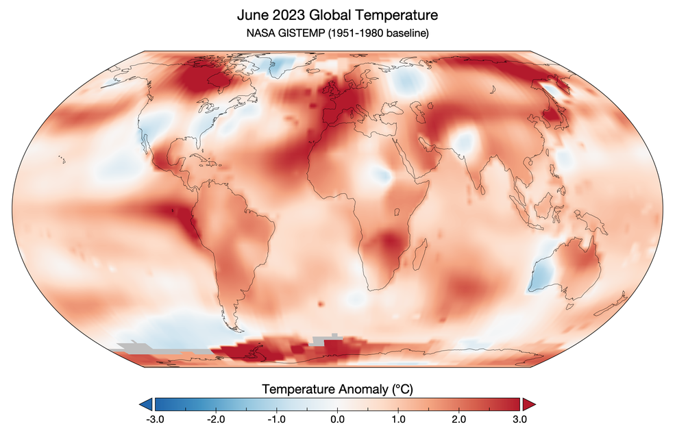Global map of GISTEMP June surface temperature anomaly relative to the 1951-1980 June baseline. Most of the world is red due to warm anomalies, with the highest anomalies around Antarctica and Canada.