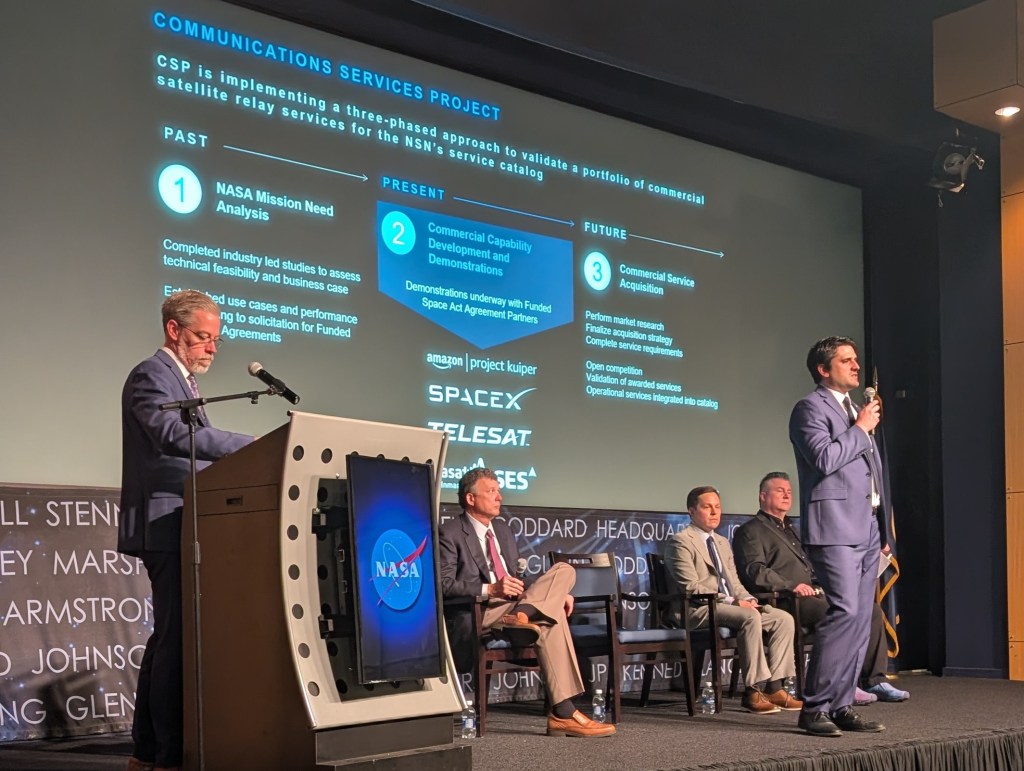 Kevin Coggins, Gregory Heckler, Joseph Downey, Stephen Creech, and Andrew Maynard discussing TDRS retirement and the Communications Services Project at the recent TDRS + CSP Townhall.