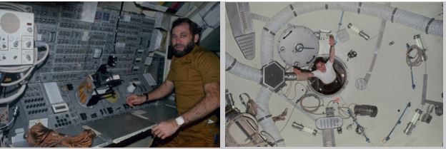 Left: Pogue at the controls of the ATM. Right: Gibson floating through the hatch from Airlock Module into the Orbital Workshop.