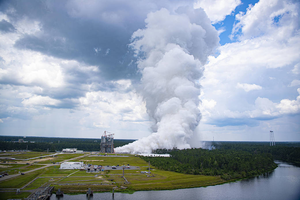 The hot fire on the Fred Haise Test Stand at NASA’s Stennis Space Center near Bay St. Louis, Mississippi, marked the ninth in a critical 12 test series