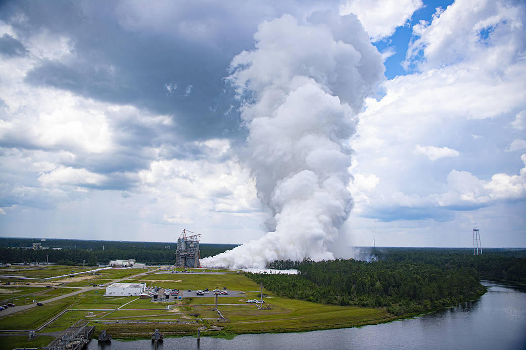 The hot fire on the Fred Haise Test Stand at NASAs Stennis Space Center near Bay St. Louis, Mississippi, marked the ninth in a critical 12 test series