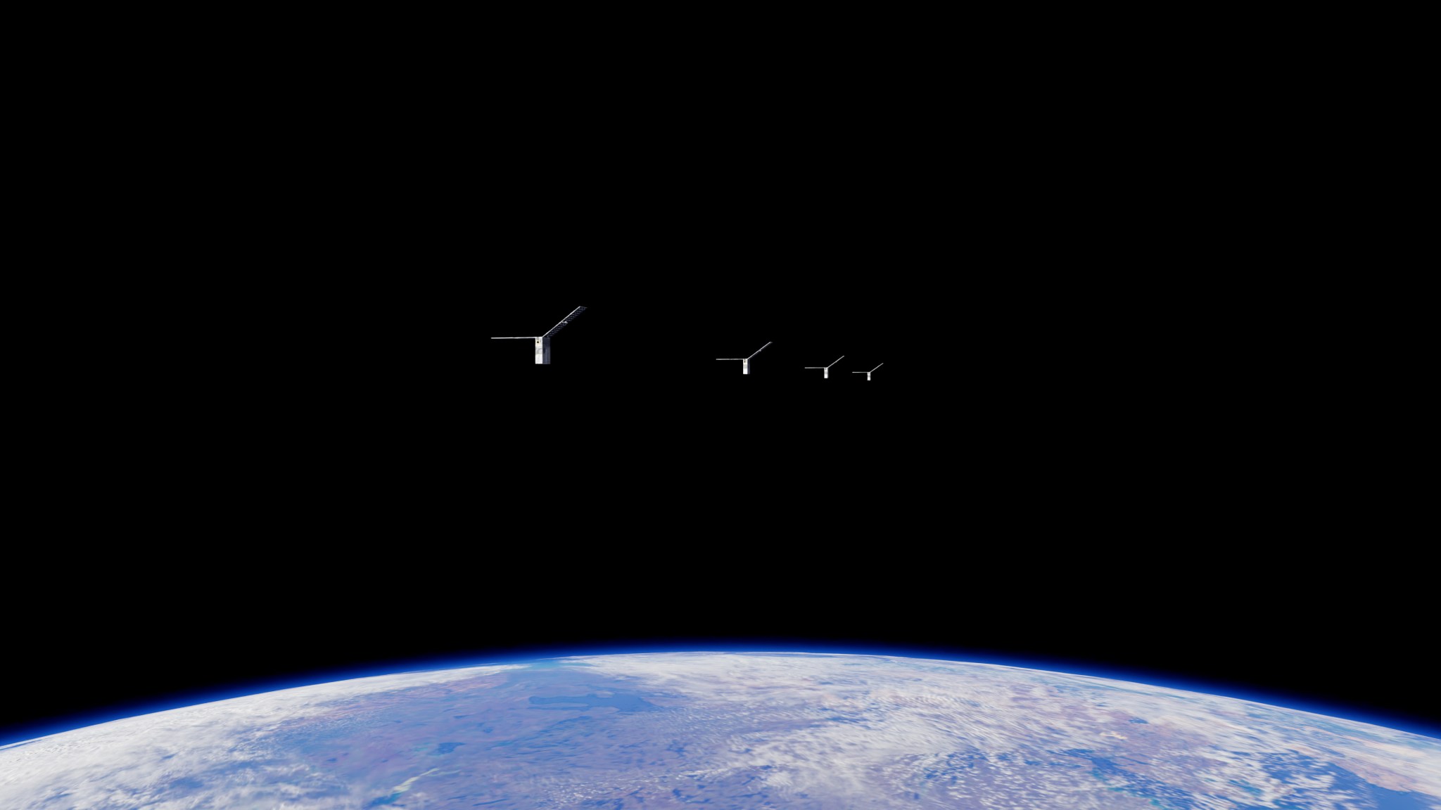 An illustration of a four small satellites in low Earth orbit as part of the Starling mission.