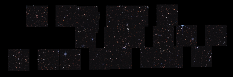 About 100,000 galaxies appear in this thin horizontal, stitched together view. The coverage isnt continuous, so the areas in between Webbs images are black. About 20 square images were taken to form this mosaic.
