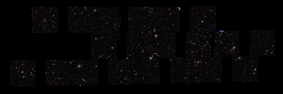 About 100,000 galaxies appear in this thin horizontal, stitched together view. The coverage isnt continuous, so the areas in between Webbs images are black. About 20 square images were taken to form this mosaic.