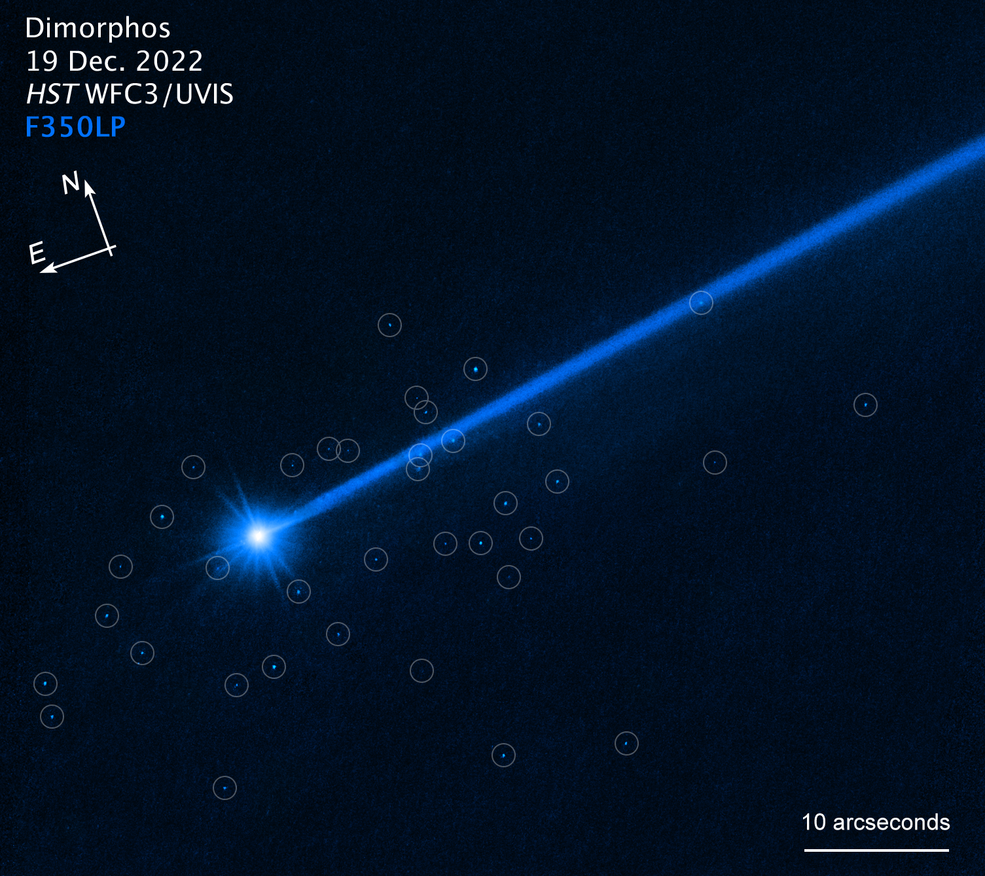 The image of the asteroid Dimorphos, with compass arrows and scale bar. The bright white object at lower left is Dimorphos with blue dust tail extending diagonally to the upper right. A cluster of blue dots marked by white circles surrounds the asteroid.