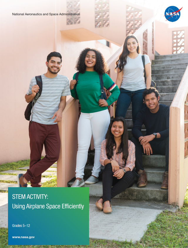 Cover image of the Using Airplane Space Efficiently activity showing diverse students standing on steps.
