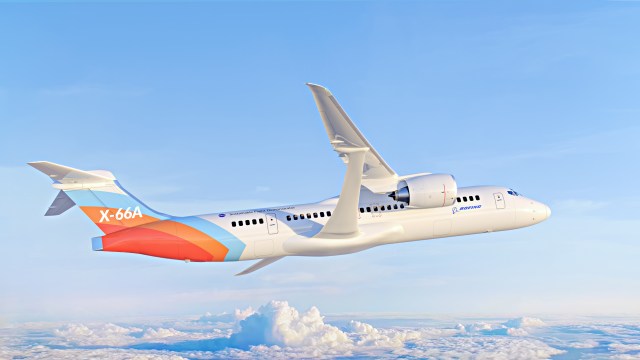 Artist illustration of a smaller commercial airliner flying above the clouds.