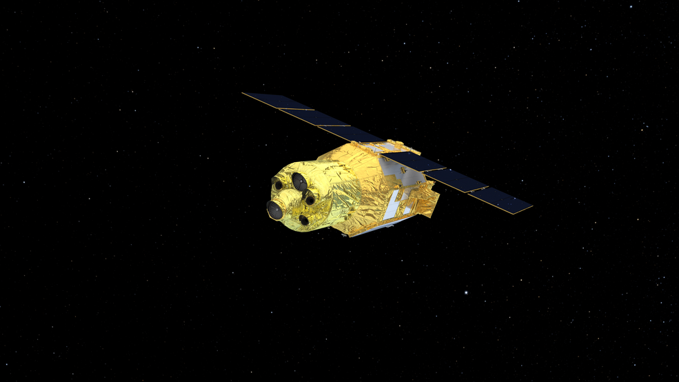This illustration of XRISM shows the gold spacecraft against a black background. The spacecraft is depicted as tilted so the solar panels are at a slight angle.