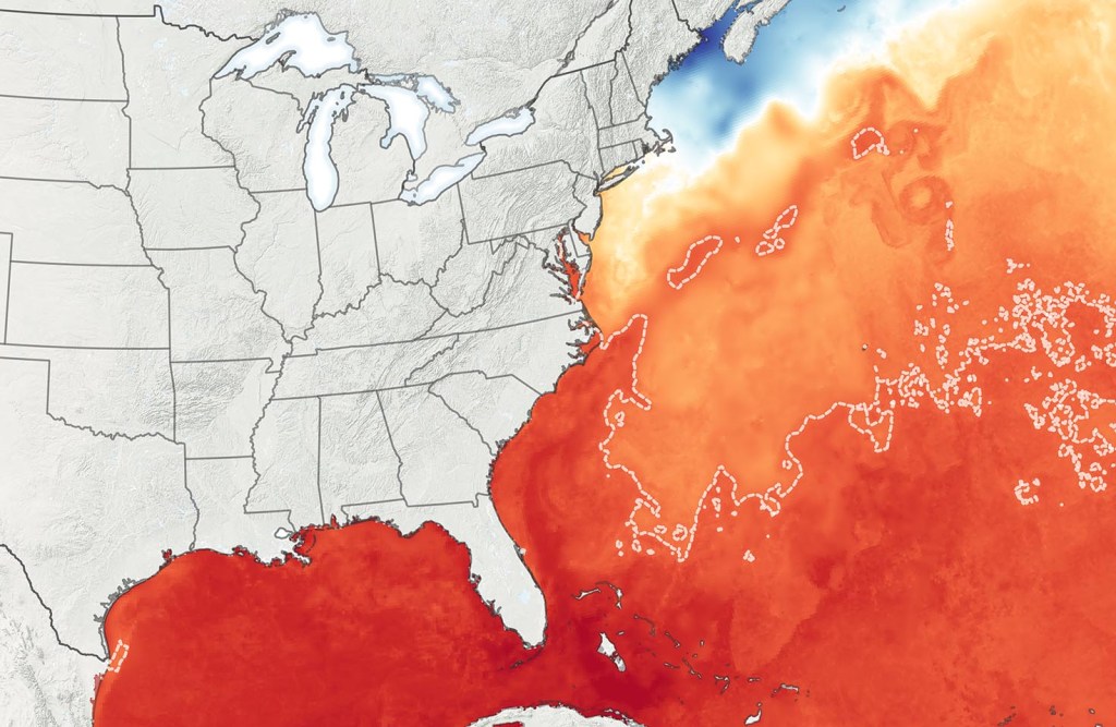 Map of the Eastern portion of the U.S. with water temperature data showing warm waters in the Gulf of Mexico and along the East Coast